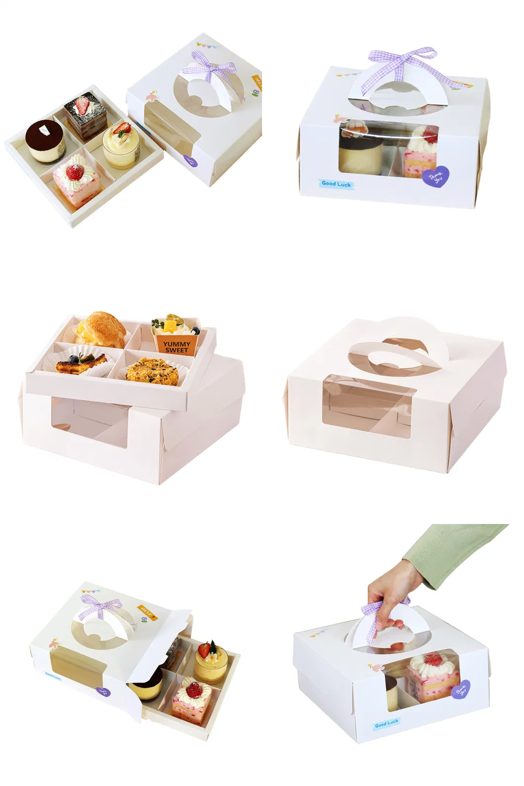 Custom 4/6 Cupcake Box Donut White Paper Baking Cake Packaging with Handle